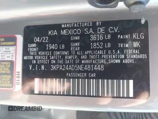 2022 Kia Rio S with VIN 3KPA24AD5NE481448, listed as a IAAI auction lot 41748379 with 65,123 mi miles. Bid and sale history available at carsss.com. Image 9.