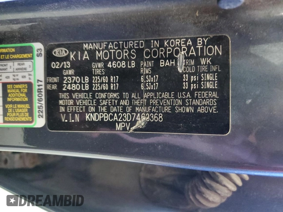 2013 Kia Sportage LX with VIN KNDPBCA23D7463368, listed as a Copart auction lot 56277245 with 162,537 mi miles and Clean title. Bid and sale history available at DreamBid. Image 13.