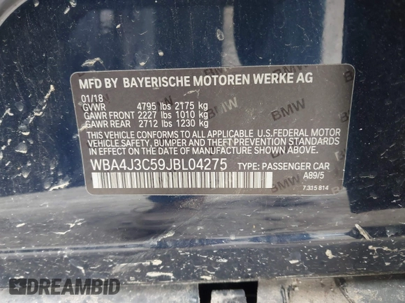 2018 BMW 4 Series 430i xDrive with VIN WBA4J3C59JBL04275, listed as a IAAI auction lot 42006768 with 59,437 mi miles and . Bid and sale history available at DreamBid. Image 9.