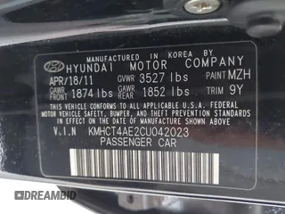 2012 Hyundai Accent GLS with VIN KMHCT4AE2CU042023, listed as a IAAI auction lot 42834849 with 139,524 mi miles and . Bid and sale history available at DreamBid. Image 9.