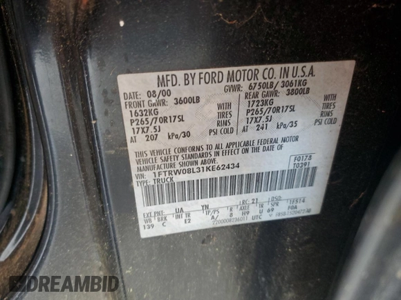 2001 Ford F-150 XLT z VIN 1FTRW08L31KE62434, wystawiony jako Copart lot #56282735 z przebiegiem Nie podano mil oraz Czysty tytuł • Clean title. Historia ofert i sprzedaży dostępna na DreamBid. Obrazek 12.