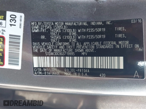 2016 Toyota Sienna SE with VIN 5TDXK3DC9GS719995, listed as a IAAI auction lot 42421273 with 126,943 mi miles and . Bid and sale history available at DreamBid. Image 9.