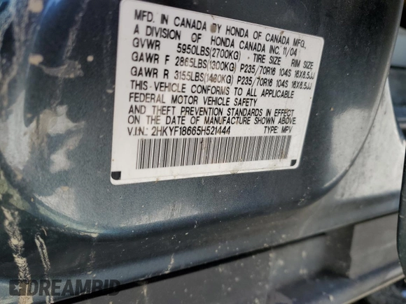 2005 Honda Pilot EX-L with VIN 2HKYF18665H521444, listed as a Copart auction lot 53664375 with 197,436 mi miles and Salvage Title. Bid and sale history available at DreamBid. Image 15.
