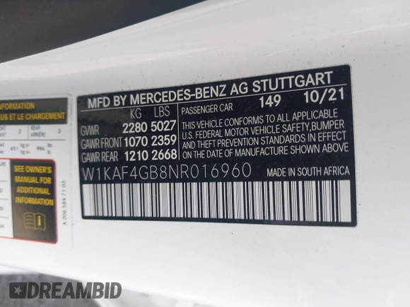 2022 Mercedes-Benz C 300 with VIN W1KAF4GB8NR016960, listed as a IAAI auction lot 42056468 with 38,229 mi miles and . Bid and sale history available at DreamBid. Image 9.