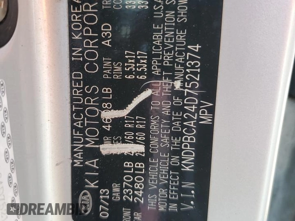 2013 Kia Sportage LX with VIN KNDPBCA24D7521374, listed as a Copart auction lot 61654725 with 146,378 mi miles and Salvage title. Bid and sale history available at DreamBid. Image 13.