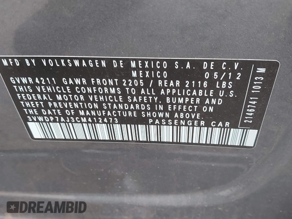 2012 Volkswagen Jetta SE с VIN 3VWDP7AJ3CM412473, выставлен на аукционе IAAI как лот 42440557 с пробегом Не указан миль и . История ставок и продаж доступна на DreamBid. Изображение 9.