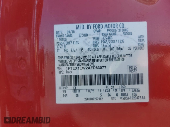 2010 Ford F-150 XL with VIN 1FTEX1EW2AFD63077, listed as a Copart auction lot 52281895 with 160,087 mi miles and Salvage Title. Bid and sale history available at carsss.com. Image 12.