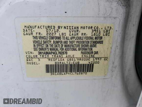 2012 Nissan Sentra SR z VIN 3N1AB6AP4CL762870, wystawiony jako Copart lot #56854535 z przebiegiem Nie podano mil oraz Szkoda całkowita • Salvage title. Historia ofert i sprzedaży dostępna na DreamBid. Obrazek 12.
