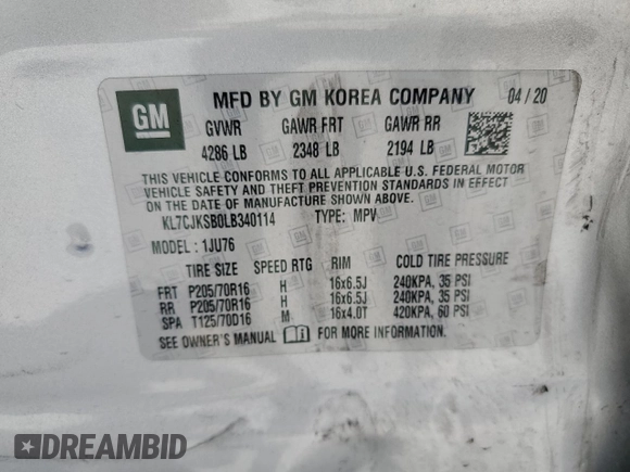 2020 Chevrolet Trax LS with VIN KL7CJKSB0LB340114, listed as a Copart auction lot 61056535 with 42,044 mi miles and Salvage title. Bid and sale history available at DreamBid. Image 13.