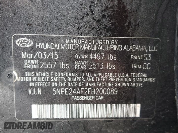 2015 Hyundai Sonata 2.4L SE with VIN 5NPE24AF2FH200089, listed as a Copart auction lot 88108355 with 112,677 mi miles and Non Repairable. Bid and sale history available at carsss.com. Image 12.