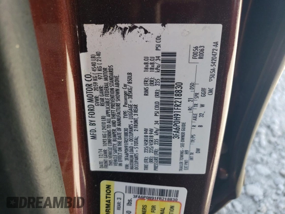 2015 Ford Fusion SE with VIN 3FA6P0H91FR218830, listed as a Copart auction lot 50381515 with 163,899 mi miles and Salvage Title. Bid and sale history available at DreamBid. Image 12.