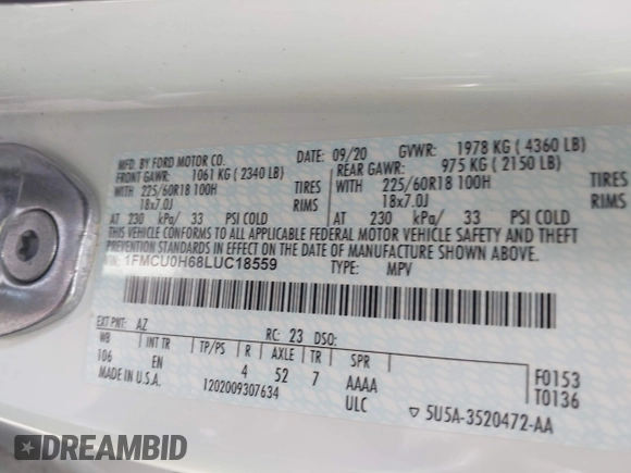 2020 Ford Escape SEL with VIN 1FMCU0H68LUC18559, listed as a IAAI auction lot 42599064 with 84,889 mi miles and . Bid and sale history available at DreamBid. Image 9.