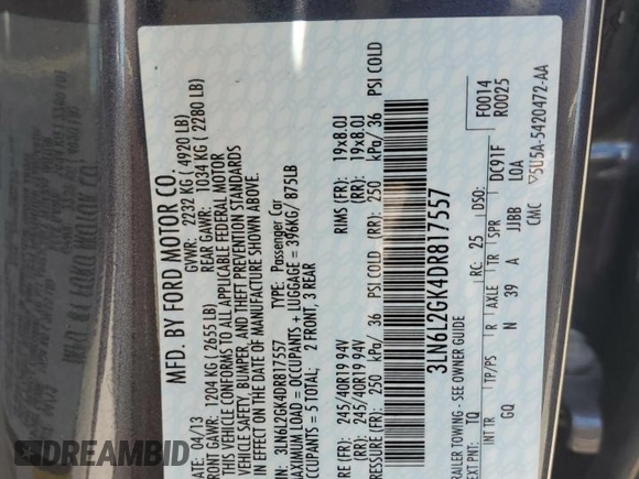 2013 Lincoln MKZ z VIN 3LN6L2GK4DR817557, wystawiony jako Copart lot #60876995 z przebiegiem 77 303 mil mil oraz Szkoda całkowita • Salvage title. Historia ofert i sprzedaży dostępna na DreamBid. Obrazek 12.
