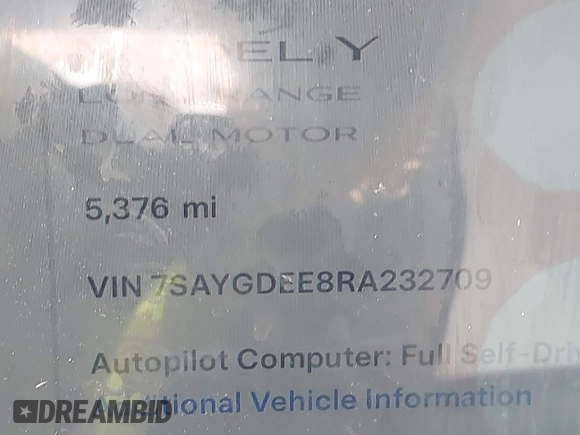 2024 Tesla Model Y Long Range with VIN 7SAYGDEE8RA232709, listed as a IAAI auction lot 41724484 with 5,376 mi miles and . Bid and sale history available at DreamBid. Image 15.