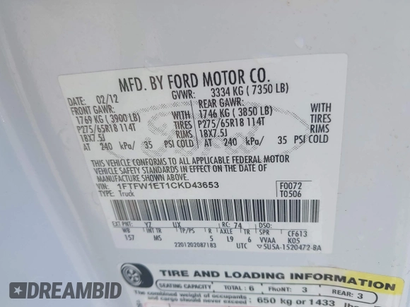 2012 Ford F-150 XL with VIN 1FTFW1ET1CKD43653, listed as a IAAI auction lot 42153606 with 137,946 mi miles and . Bid and sale history available at DreamBid. Image 9.