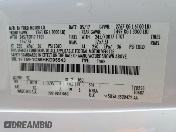 2017 Ford F-150 XL z VIN 1FTMF1C85HKD95543, wystawiony jako Copart lot #58198285 z przebiegiem 114 579 mil mil oraz Szkoda całkowita • Salvage title. Historia ofert i sprzedaży dostępna na DreamBid. Obrazek 12.