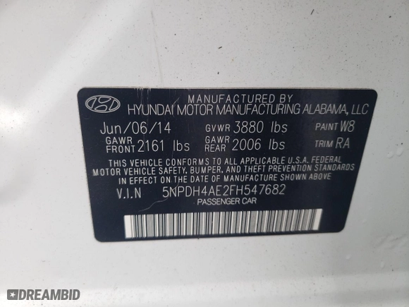 2015 Hyundai Elantra Limited with VIN 5NPDH4AE2FH547682, listed as a Copart auction lot 46863595 with 119,836 mi miles and Clean Title. Bid and sale history available at carsss.com. Image 12.