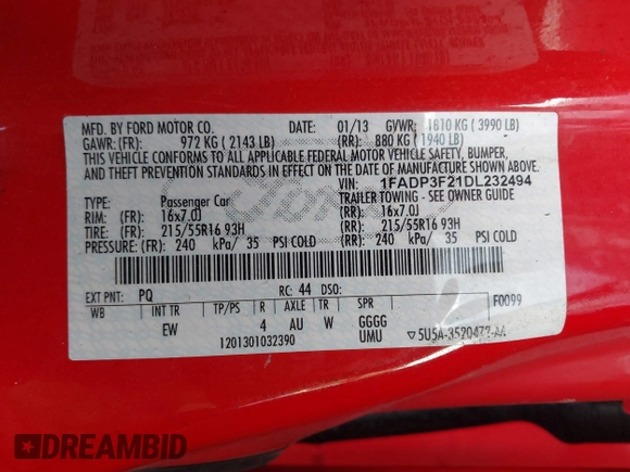 2013 Ford Focus SE with VIN 1FADP3F21DL232494, listed as a IAAI auction lot 41730475 with 117,634 mi miles and . Bid and sale history available at DreamBid. Image 9.