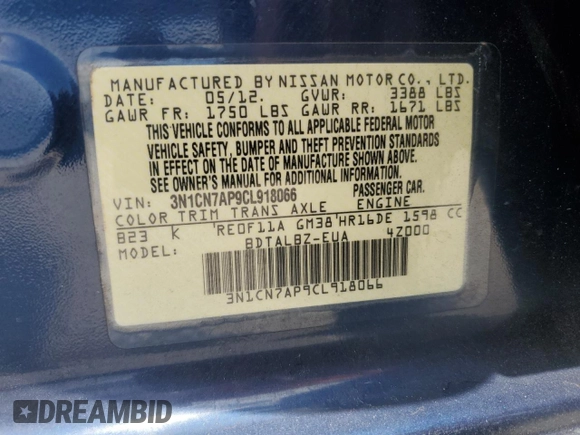 2012 Nissan Versa SV z VIN 3N1CN7AP9CL918066, wystawiony jako Copart lot #61739905 z przebiegiem 134 280 mil mil oraz Szkoda całkowita • Salvage title. Historia ofert i sprzedaży dostępna na DreamBid. Obrazek 12.