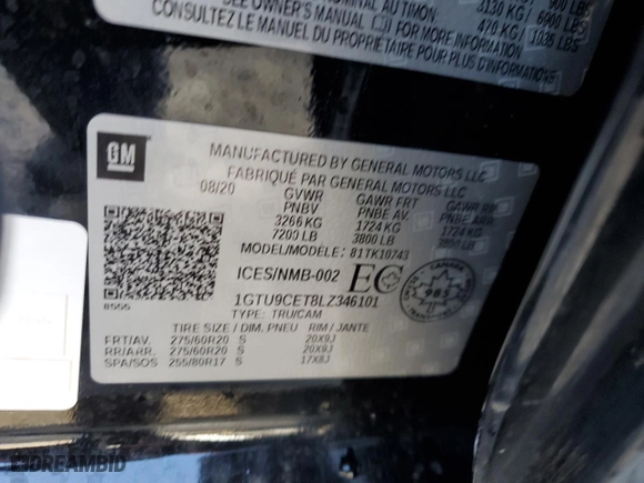 2020 GMC Sierra 1500 Elevation with VIN 1GTU9CET8LZ346101, listed as a Copart auction lot 45496745 with 0 mi miles and Salvage Title. Bid and sale history available at carsss.com. Image 14.