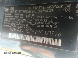 2009 BMW 5 Series 528i with VIN WBANU53529C121796, listed as a IAAI auction lot 35911209 with 178,049 mi miles and . Bid and sale history available at carsss.com. Image 9.