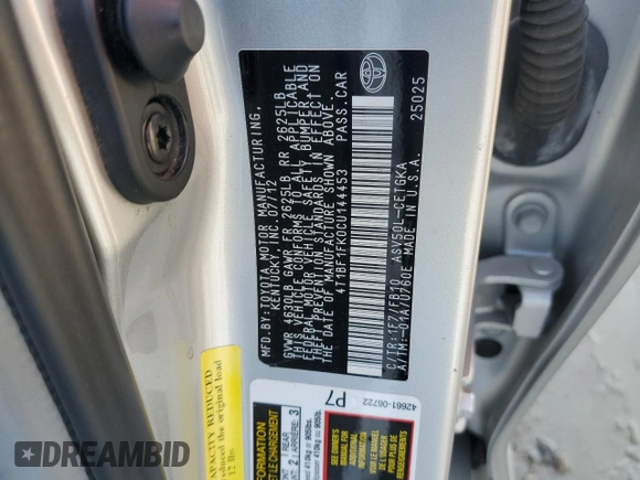 2012 Toyota Camry L with VIN 4T1BF1FK0CU144453, listed as a Copart auction lot 51259055 with 149,790 mi miles and Salvage Title. Bid and sale history available at carsss.com. Image 12.
