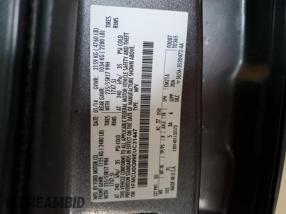 2014 Ford Escape SE with VIN 1FMCU0G99EUC31447, listed as a Copart auction lot 52894605 with 172,995 mi miles and Salvage Title. Bid and sale history available at carsss.com. Image 14.