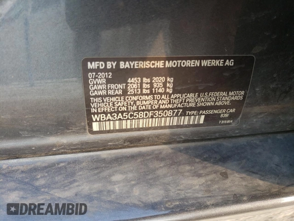 2013 BMW 3 Series 328i with VIN WBA3A5C58DF350877, listed as a Copart auction lot 53707835 with 150,585 mi miles and Salvage title. Bid and sale history available at DreamBid. Image 12.