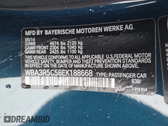 2014 BMW 4 Series 435i xDrive with VIN WBA3R5C58EK188668, listed as a IAAI auction lot 39946954 with 89,513 mi miles and . Bid and sale history available at DreamBid. Image 9.