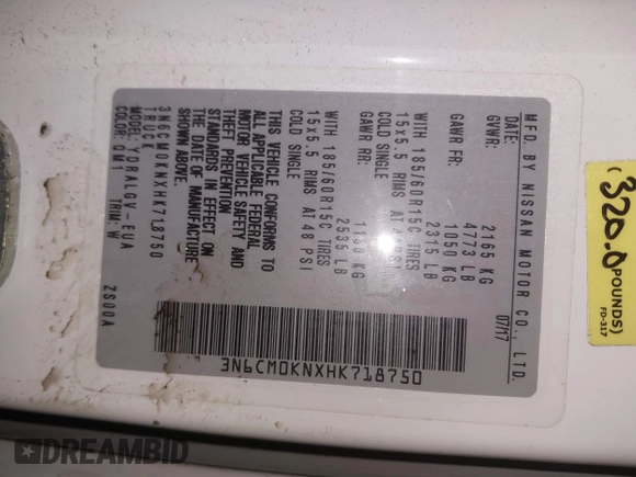 2017 Nissan NV200 S z VIN 3N6CM0KNXHK718750, wystawiony jako IAAI lot #40924549 z przebiegiem 182 586 mil mil oraz . Historia ofert i sprzedaży dostępna na DreamBid. Obrazek 9.