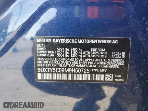2021 BMW X3 xDrive30i with VIN 5UXTY5C09M9H50725, listed as a Copart auction lot 52645365 with 27,652 mi miles and Salvage Title. Bid and sale history available at DreamBid. Image 13.