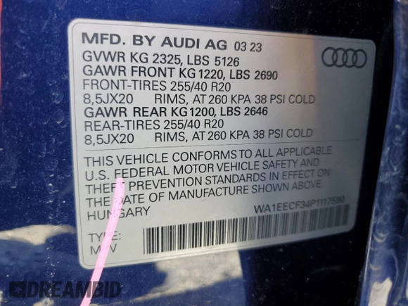 2023 Audi Q3 S line Premium Plus with VIN WA1EECF34P1117590, listed as a Copart auction lot 57404685 with 14,486 mi miles and Salvage title. Bid and sale history available at DreamBid. Image 13.
