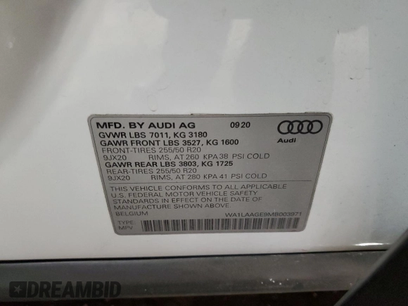 2021 Audi e-tron Premium Plus с VIN WA1LAAGE9MB003971, выставлен на аукционе Copart как лот 45421695 с пробегом 19 940 миль миль и Списание • Salvage title. История ставок и продаж доступна на DreamBid. Изображение 15.