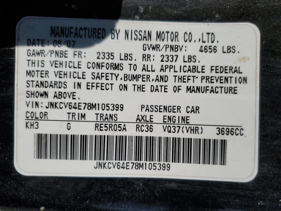2008 Infiniti G37 Coupe Journey with VIN JNKCV64E78M105399, listed as a Copart auction lot 49697925 with 156,943 mi miles and Salvage Title. Bid and sale history available at carsss.com. Image 13.