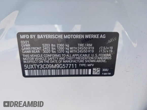 2021 BMW X3 sDrive30i z VIN 5UXTY3C09M9G57711, wystawiony jako IAAI lot #42000500 z przebiegiem 31 312 mil mil oraz . Historia ofert i sprzedaży dostępna na DreamBid. Obrazek 9.