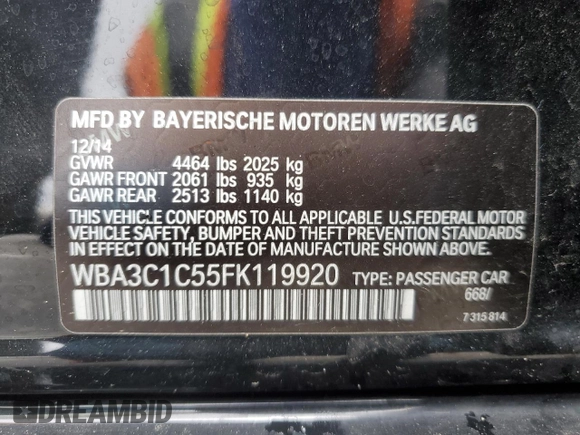 2015 BMW 3 Series 328i with VIN WBA3C1C55FK119920, listed as a Copart auction lot 48752765 with Not Provided miles and Non Repairable. Bid and sale history available at carsss.com. Image 12.