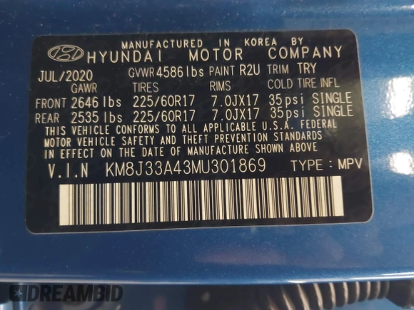 2021 Hyundai Tucson Value with VIN KM8J33A43MU301869, listed as a IAAI auction lot 41636017 with 55,188 mi miles and . Bid and sale history available at DreamBid. Image 9.