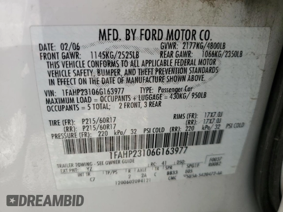 2006 Ford Ocean с VIN 1FAHP23106G163977, выставлен на аукционе Copart как лот 63364034 с пробегом 288 399 миль миль и Списание • Salvage title. История ставок и продаж доступна на DreamBid. Изображение 12.