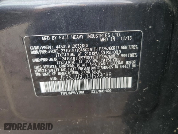 2014 Subaru Forester Premium z VIN JF2SJAGC7EH528088, wystawiony jako Copart lot #58513695 z przebiegiem 192 162 mil mil oraz Szkoda całkowita • Salvage title. Historia ofert i sprzedaży dostępna na DreamBid. Obrazek 13.
