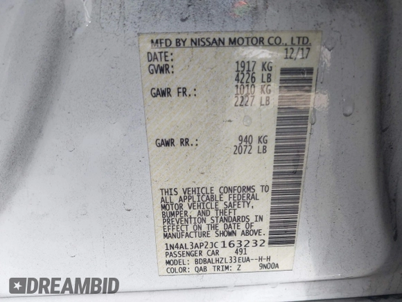 2018 Nissan Altima SR with VIN 1N4AL3AP2JC163232, listed as a IAAI auction lot 41818746 with 73,707 mi miles and . Bid and sale history available at carsss.com. Image 9.