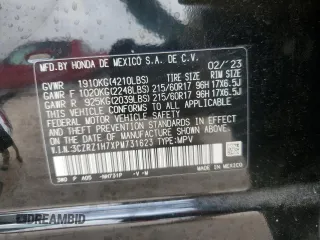 2023 Honda HR-V EX-L with VIN 3CZRZ1H7XPM731623, listed as a Copart auction lot 55638795 with 19,955 mi miles and Salvage title. Bid and sale history available at DreamBid. Image 13.