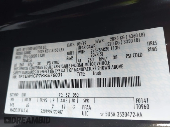 2019 Ford F-150 XL with VIN 1FTEW1CP7KKE76031, listed as a IAAI auction lot 40913377 with 56,578 mi miles and . Bid and sale history available at carsss.com. Image 9.