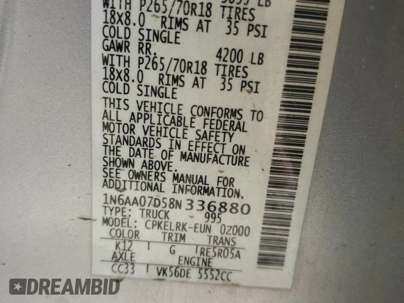 2008 Nissan Titan XE with VIN 1N6AA07D58N336880, listed as a Copart auction lot 45568365 with 352,265 mi miles and Salvage Title. Bid and sale history available at carsss.com. Image 14.