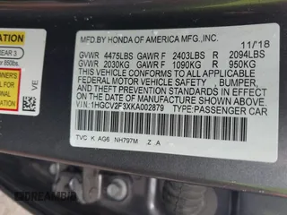 2019 Honda Accord Sport with VIN 1HGCV2F3XKA002879, listed as a IAAI auction lot 42308478 with 49,315 mi miles and . Bid and sale history available at DreamBid. Image 9.