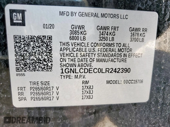 2020 Chevrolet Tahoe Commercial with VIN 1GNLCDEC0LR242390, listed as a Copart auction lot 58621695 with Not provided miles and Salvage title. Bid and sale history available at DreamBid. Image 14.