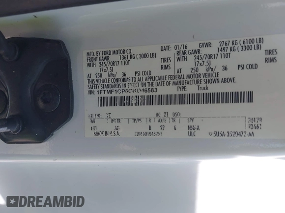 2016 Ford F-150 XL with VIN 1FTMF1CP6GKD46583, listed as a IAAI auction lot 42226353 with 89,890 mi miles and . Bid and sale history available at DreamBid. Image 9.