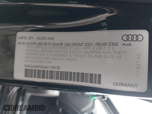 2018 Audi A4 Premium Plus with VIN WAULMAF40JA174578, listed as a IAAI auction lot 41546212 with 41,410 mi miles. Bid and sale history available at carsss.com. Image 9.
