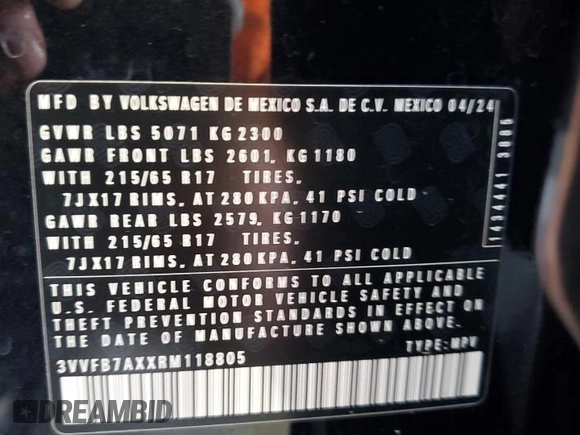 2024 Volkswagen Tiguan S с VIN 3VVFB7AXXRM118805, выставлен на аукционе Copart как лот 55282465 с пробегом 8 871 миль миль и Списание • Salvage title. История ставок и продаж доступна на DreamBid. Изображение 13.