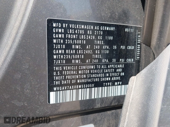 2011 Volkswagen Tiguan SEL w/Premium Navi with VIN WVGAV7AX0BW550059, listed as a IAAI auction lot 42071719 with 107,341 mi miles and . Bid and sale history available at DreamBid. Image 9.