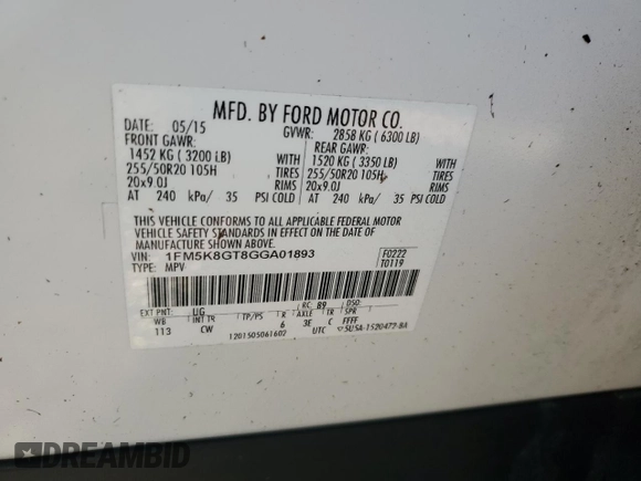 2016 Ford Explorer Sport with VIN 1FM5K8GT8GGA01893, listed as a Copart auction lot 48665205 with Not Provided miles and Non Repairable. Bid and sale history available at DreamBid. Image 13.